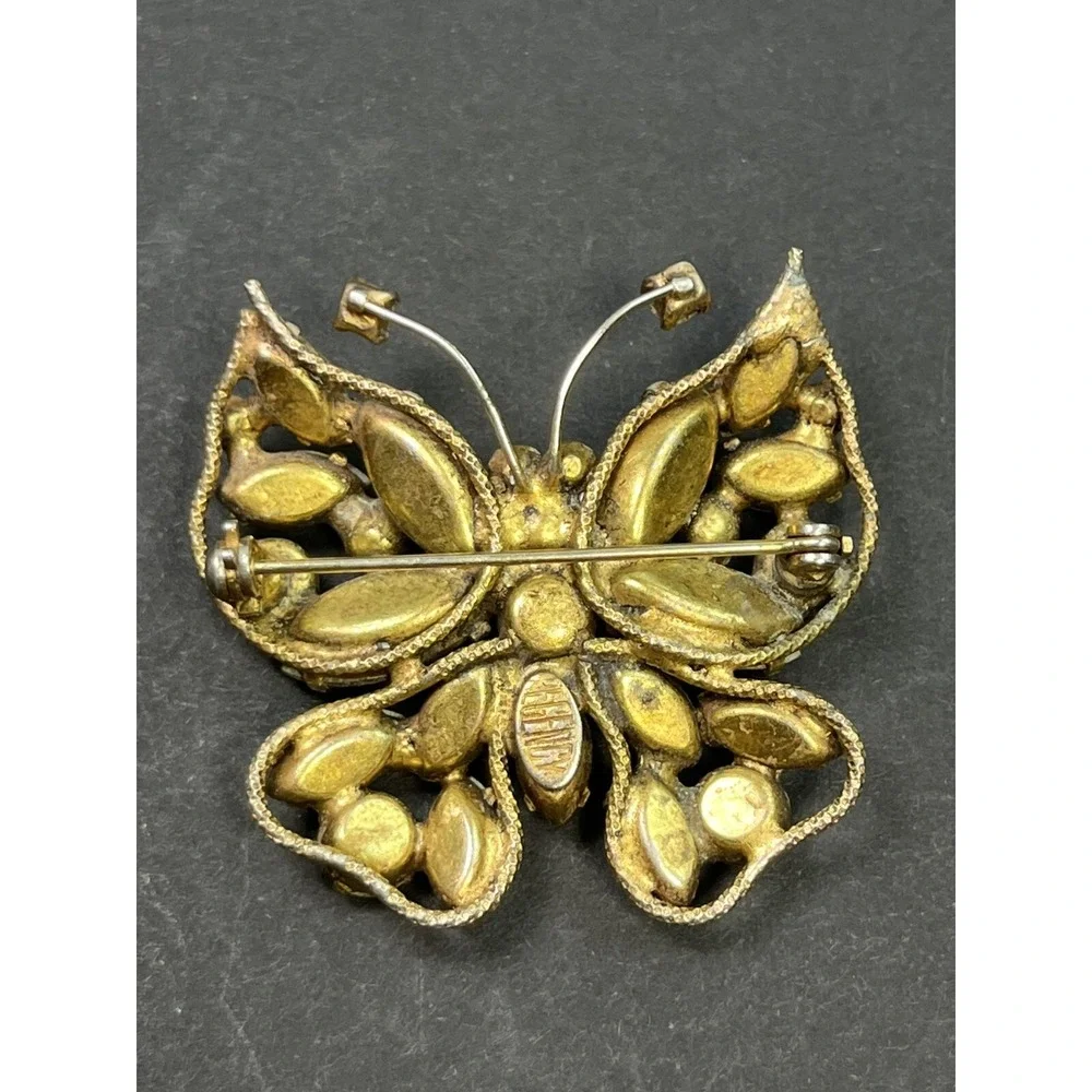 Vintage REGENCY Butterfly Brooch Orange & Yellow Rhinestones Gold Tone Signed